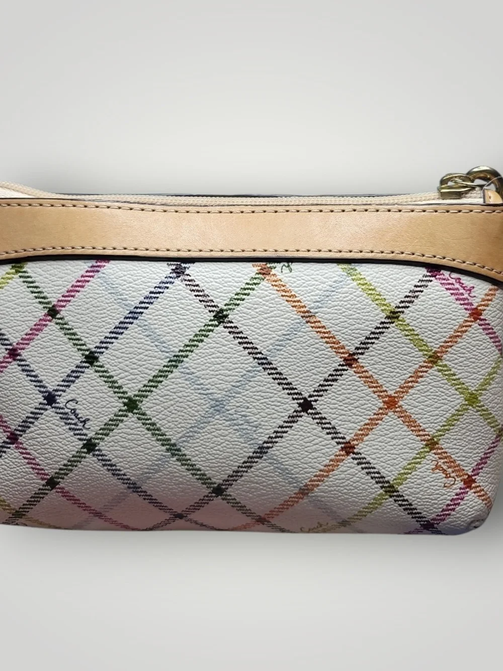 COACH Peyton Tattersall Plaid Wristlet Chalk Multi Gold Leather Trim Like New - Picture 3 of 7